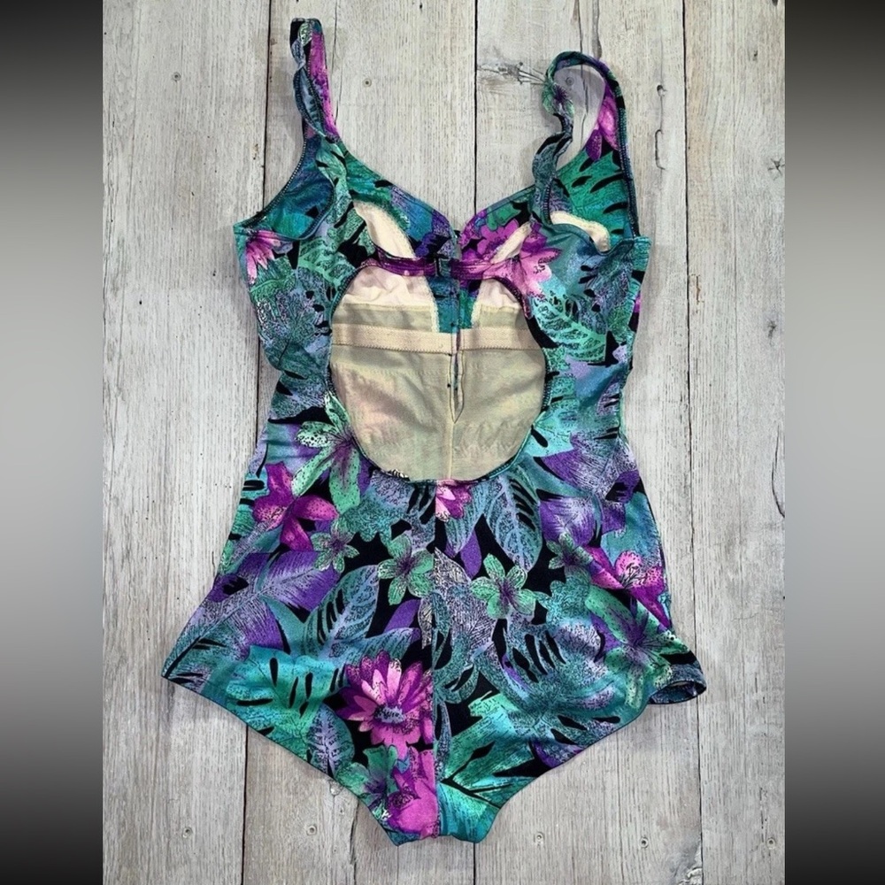 Vintage La Playa One Piece Button Down Swimsuit Size 16 Floral Tropical Boyshort - Picture 11 of 16